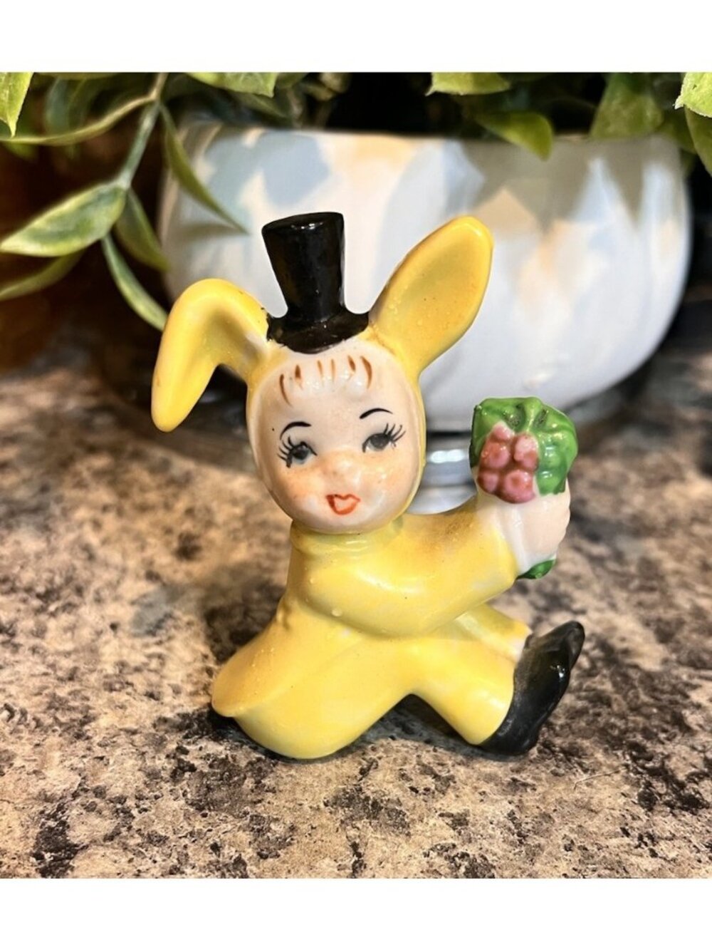 Vintage 1950s Japan Ceramic Bunny Child Figurine, Yellow Rabbit Suit Top Hat 3”